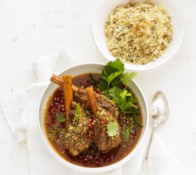 Lamb shanks with Pomegranate, Dukkah and Rice